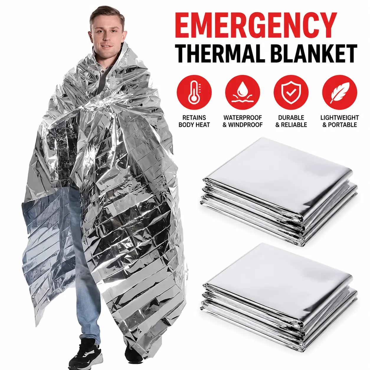2PCS/4PCS Emergency Thermal Blanket, Large Reflective Mylar Survival Blanket, Waterproof Windproof Outdoor Gear for Camping, Hiking, Travel, Car Emergency Kit & Survival Supplies