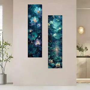 Lotus Pond Pattern Wall Tapestry, 2 Counts/set Aesthetic Wall Hanging Tapestry with Free Installation Package, Wall Art Decor for Home Living Room Bedroom