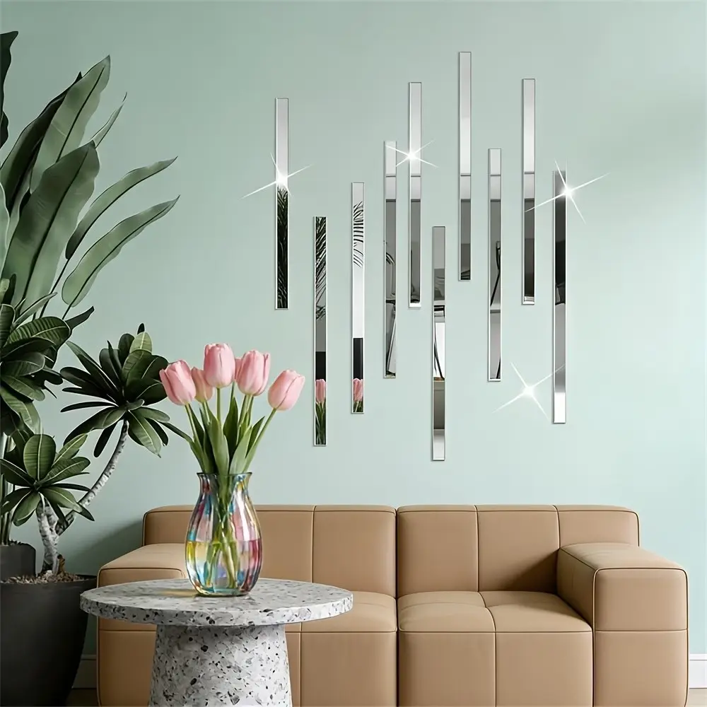 10pcs, Silver long acrylic mirror wall sticker, Wall art stickers, 3x50cm self-adhesive decorative strip, DIY hole free easy to install, used for decoration, Home decor, living room, bedroom