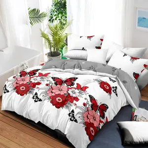 Christmas Gift 4-Piece Floral Butterfly Duvet Cover Set - Red Black White, with Pillowcases & Fitted Sheet, Breathable Cooling All-Season Soft Durable Easy Care   Gift Bag Included