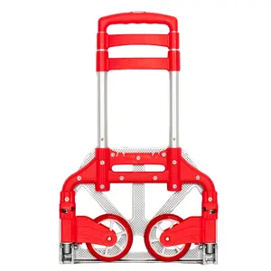 Portable Red Utility Trolley Cart, Foldable Telescopic Luggage Cart with Adjustable Handle & Secure Rope for Home Shopping Outdoor Use