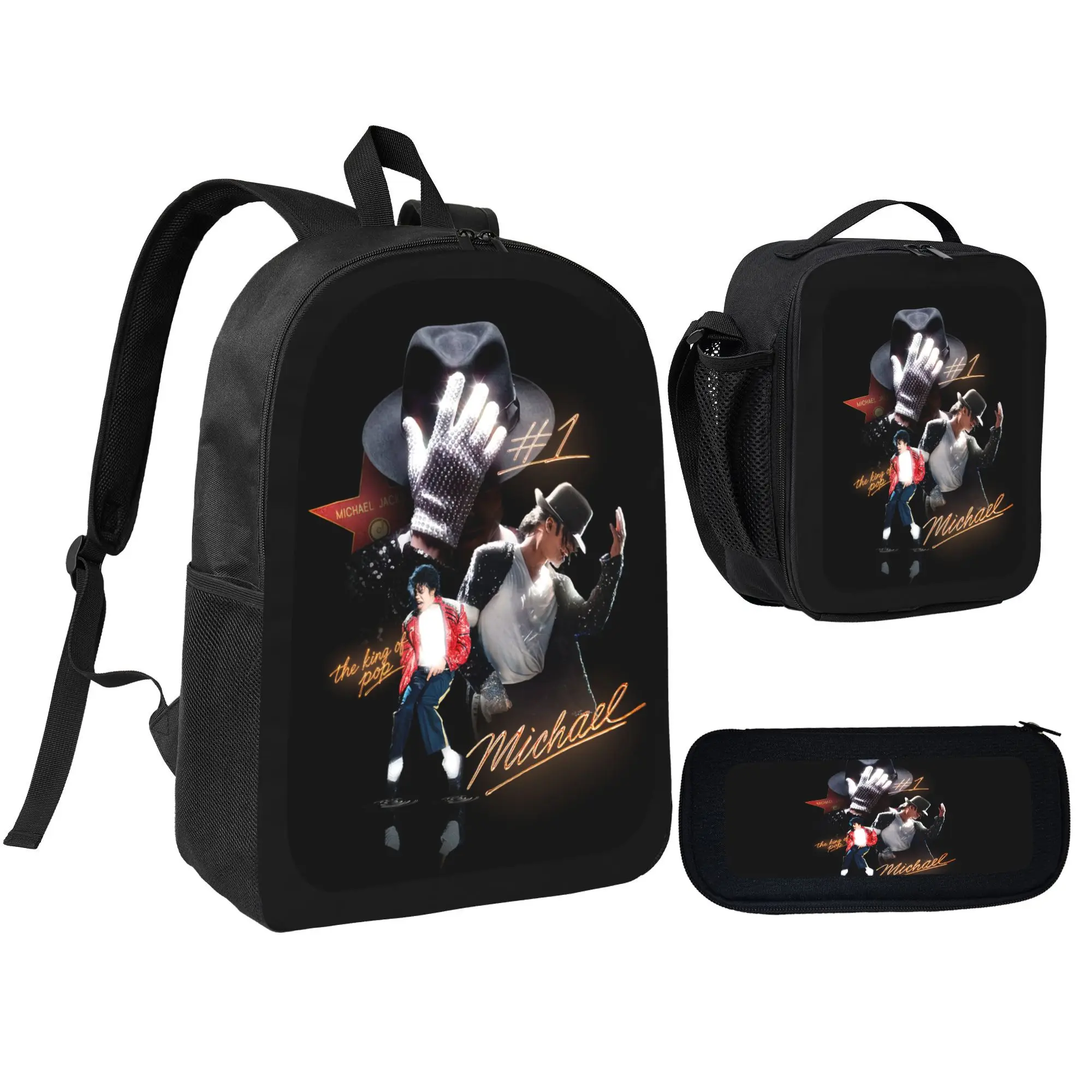 Unisex Michael Jackson 3-Pcs Backpacks Set Pack - Kids School Backpack, Zipper Pencil Case, Lunch Bag, Pop Music Theme, Lightweight Travel Bag, Back To School Gift For Students