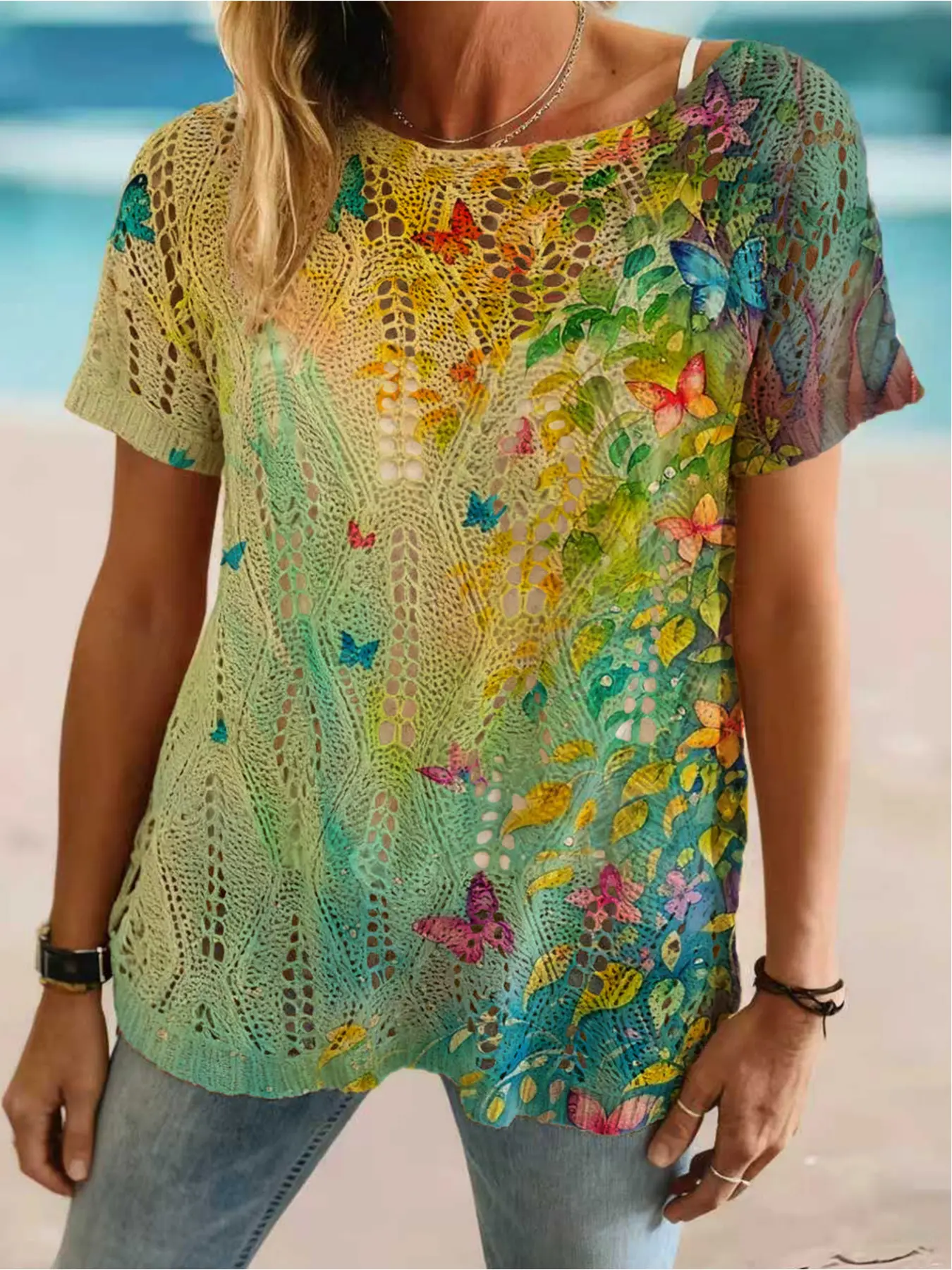 Spring and Summer, Floral collection, one-shoulder diamond-shaped openwork batwing shoulderless loose-fitting short-sleeved office wear women's printed knitted top, beach style