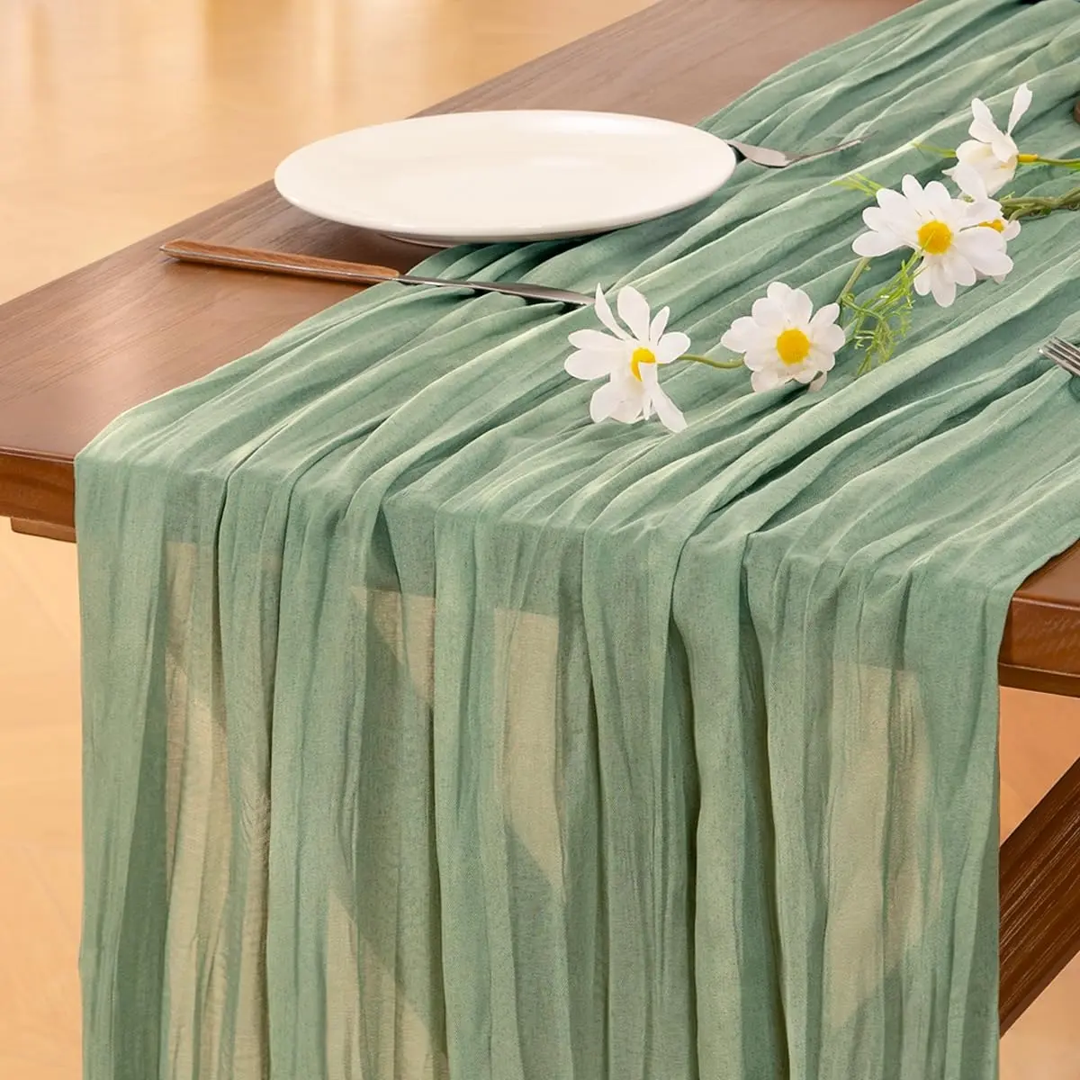 6 Pcs Cheesecloth Table Runner Set, Natural Crinkled Sheer Gauze Boho Rustic Table Decor for Wedding Birthday Party Holiday Home Dining
