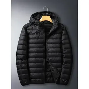 Men's Winter Hooded Light Down Jacket, Slim-Fit Short Warm Sports Coat, Lightweight Nylon, White Duck Down, Zipper Closure, Casual Style, Hand Wash or Dry Clean