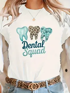 Women's Dental Team T-Shirt with Leopard Glitter Tooth Design - Dentist Apparel Gift, Opaque Machine-Washable Top for Dental Hygienists & Cavity Awareness, Year-Round Casual Wear