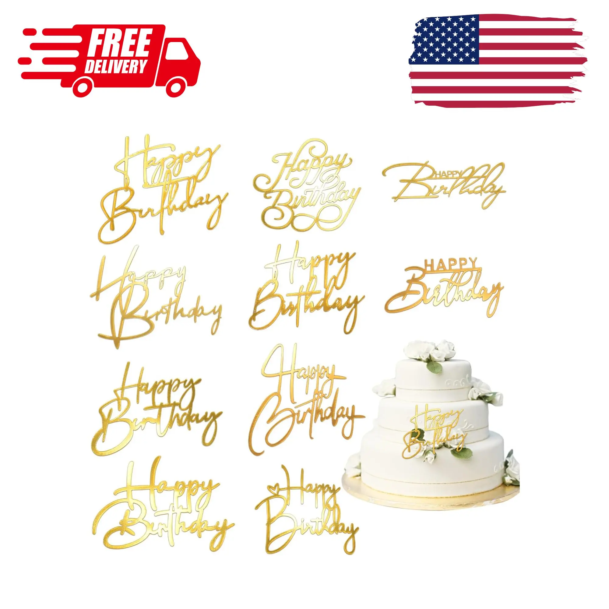 10PCS Gold Happy Birthday Cake Toppers Mirror Acrylic Cake Toppers