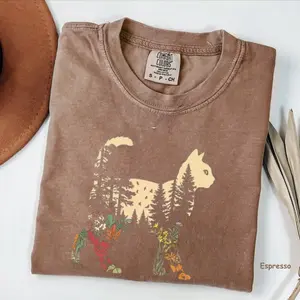 Comfort Colors Boho Cat Plants T-Shirt  Nature Trees Wild Flowers Graphic Tee, Spring Vibe Top, Cute Cat Lover Style, Women Casual Shirt