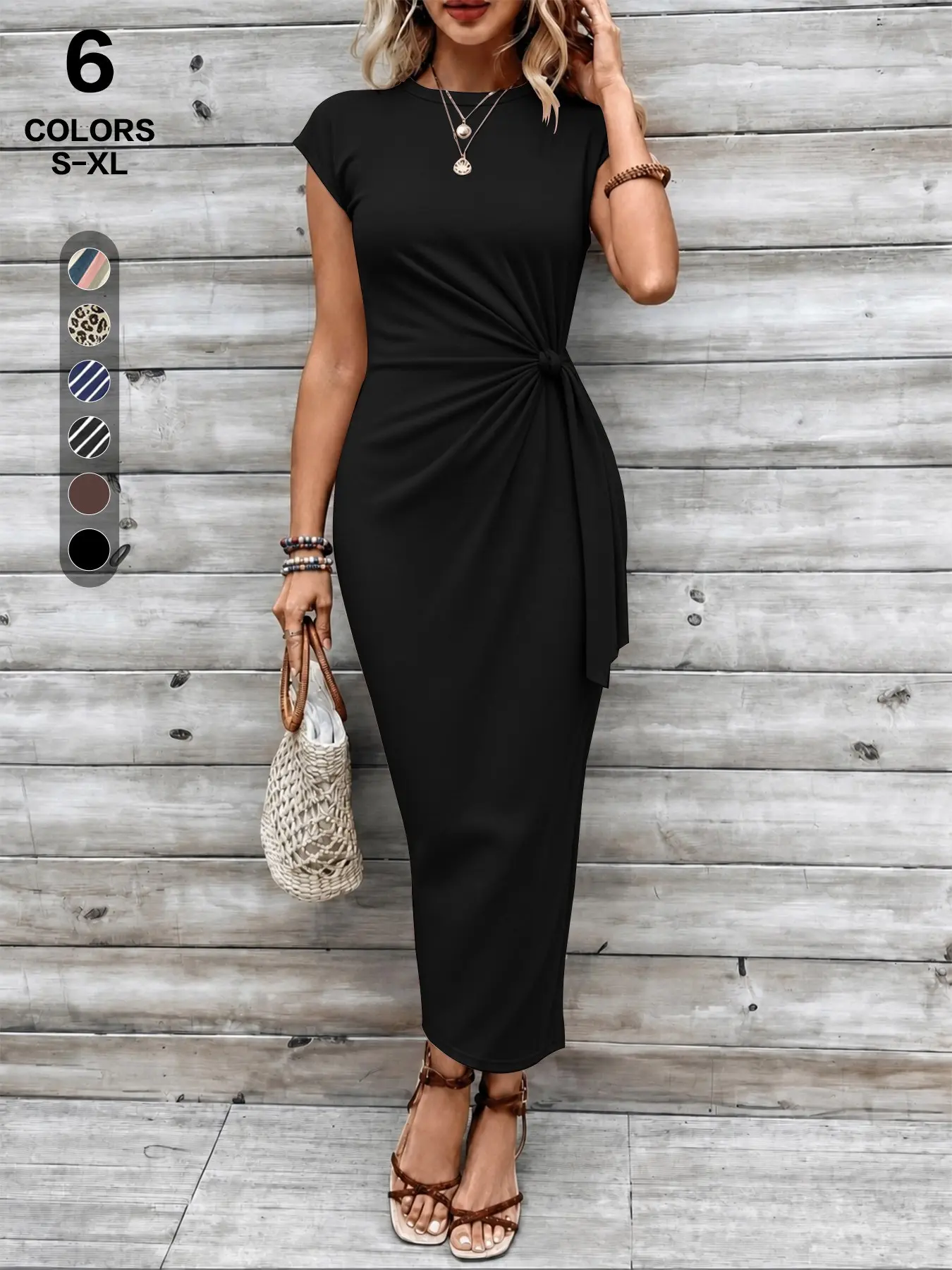 Women's Striped Print Bodycon Fitted Knot Dress, Elegant Chic Casual Wear Short Sleeve Long Dress for Summer, French Style Sundress for Beach Holidays, Casual Sleeveless Dress