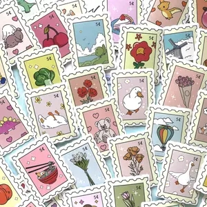 Cute Faux Postage Stamp Stickers, Animals Flowers Food, 5 Cent Random Sticker Pack