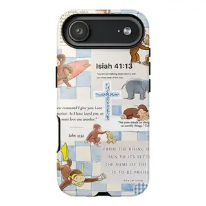 Curious George Cartoon Bible Verse Funny Black Cat Indie Monster Fuggler Art Trendy Tough Phone Case. Quirky Aesthetic Heavy Duty Shockproof Protective Smartphone Cover for iPhone 17 Pro Max 16 Air 15 14 13 12 11.