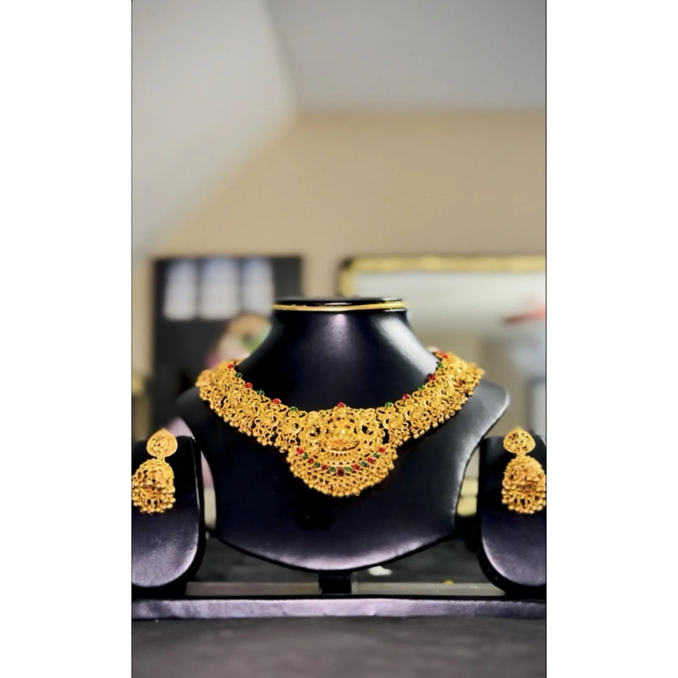 Heavy Temple Jewelry Set with Earrings and Necklace for Special Occasions