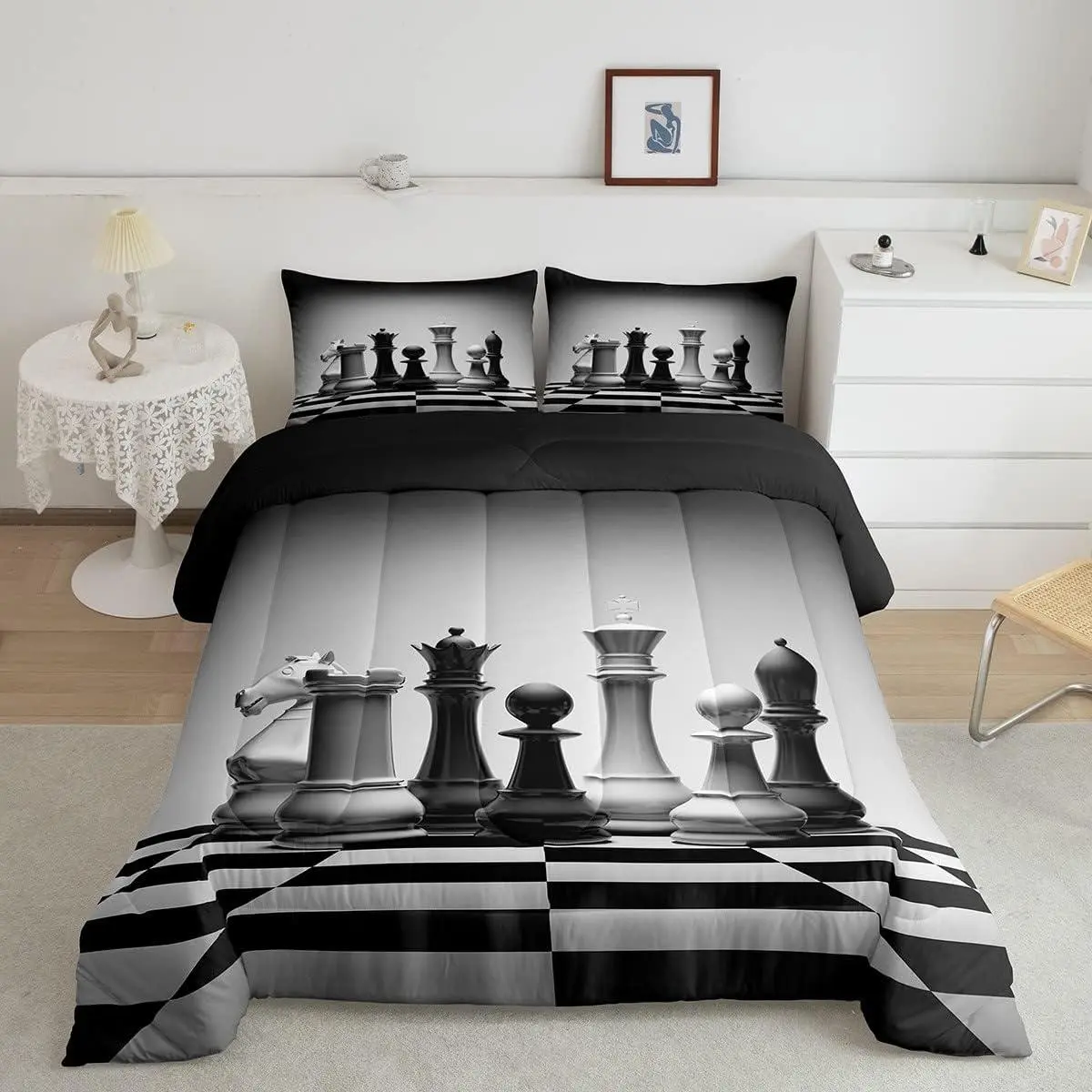 International Chess Comforter Set Chess Board Bedding Set for Kids Boys Teens Cool Games Comforter Geometric Grid Quilt Set 1 Comforter Set with