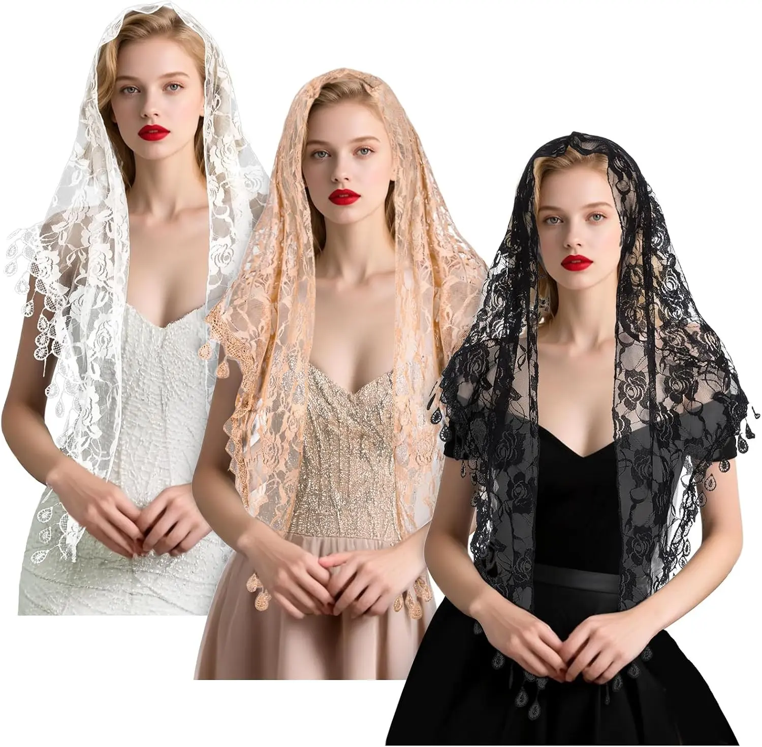 3 Pcs Mantilla Catholic Chapel Veils, Triangle Veil Cathedral Head Covering Triangle Lace Tulle Scarf Covering for Women Girls Church Headband Floral Headwrap Latin Mass Veils for Wedding Bridesmaid