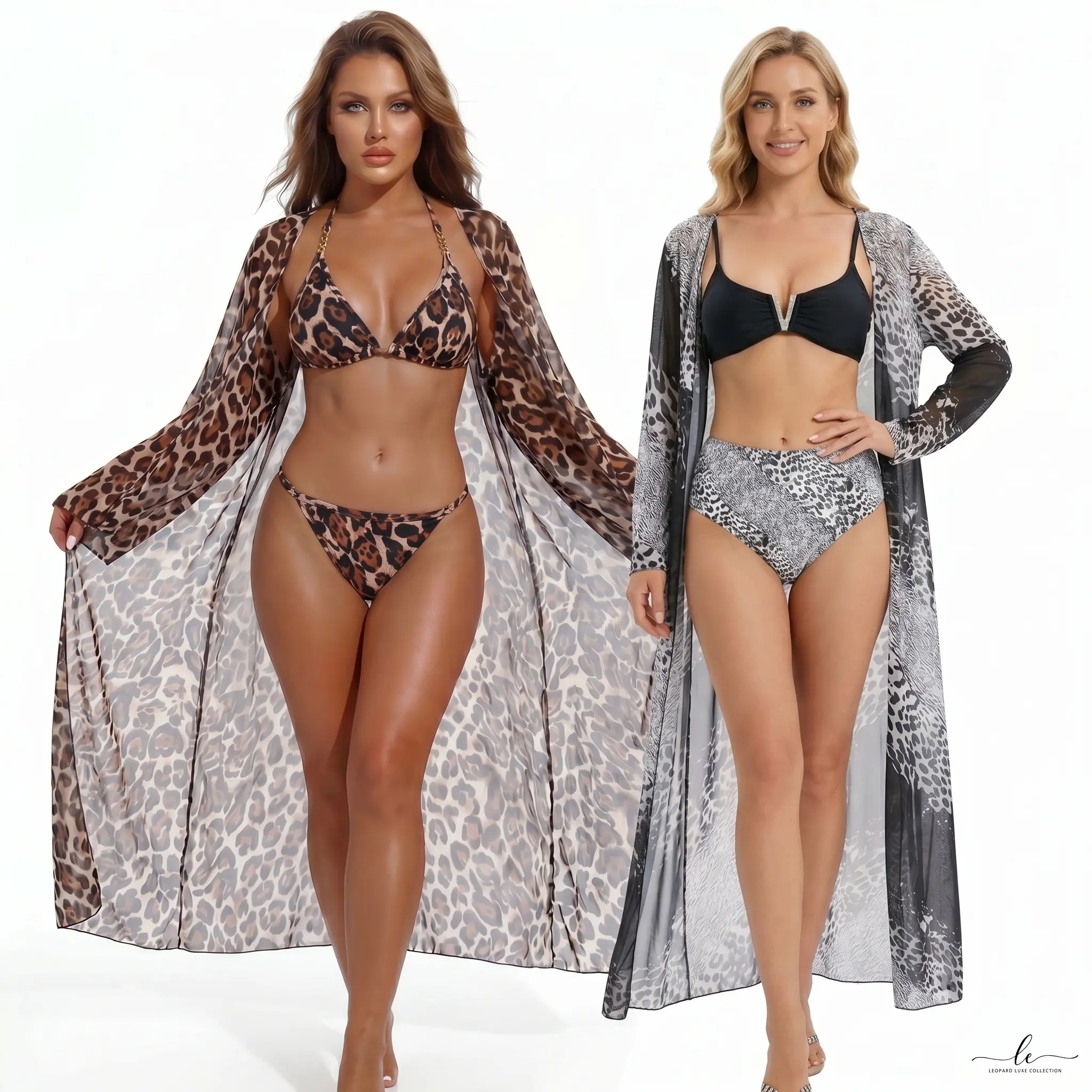 Women's 3-Piece Bathing Suit, Sexy Leopard Print Halter Bikini Swimsuit for Women with Sheer Cover-Up Robe for Beach Wear