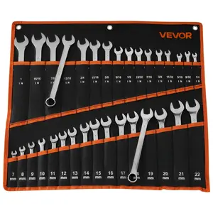 VEVOR Combination Wrench Set, 32-Piece SAE and Metric, 12-Point Box End and 15 °   Angled Open End Combination Wrenches with Roll Up Pouch, Carbon Steel, for General Household and Automotive Repairs