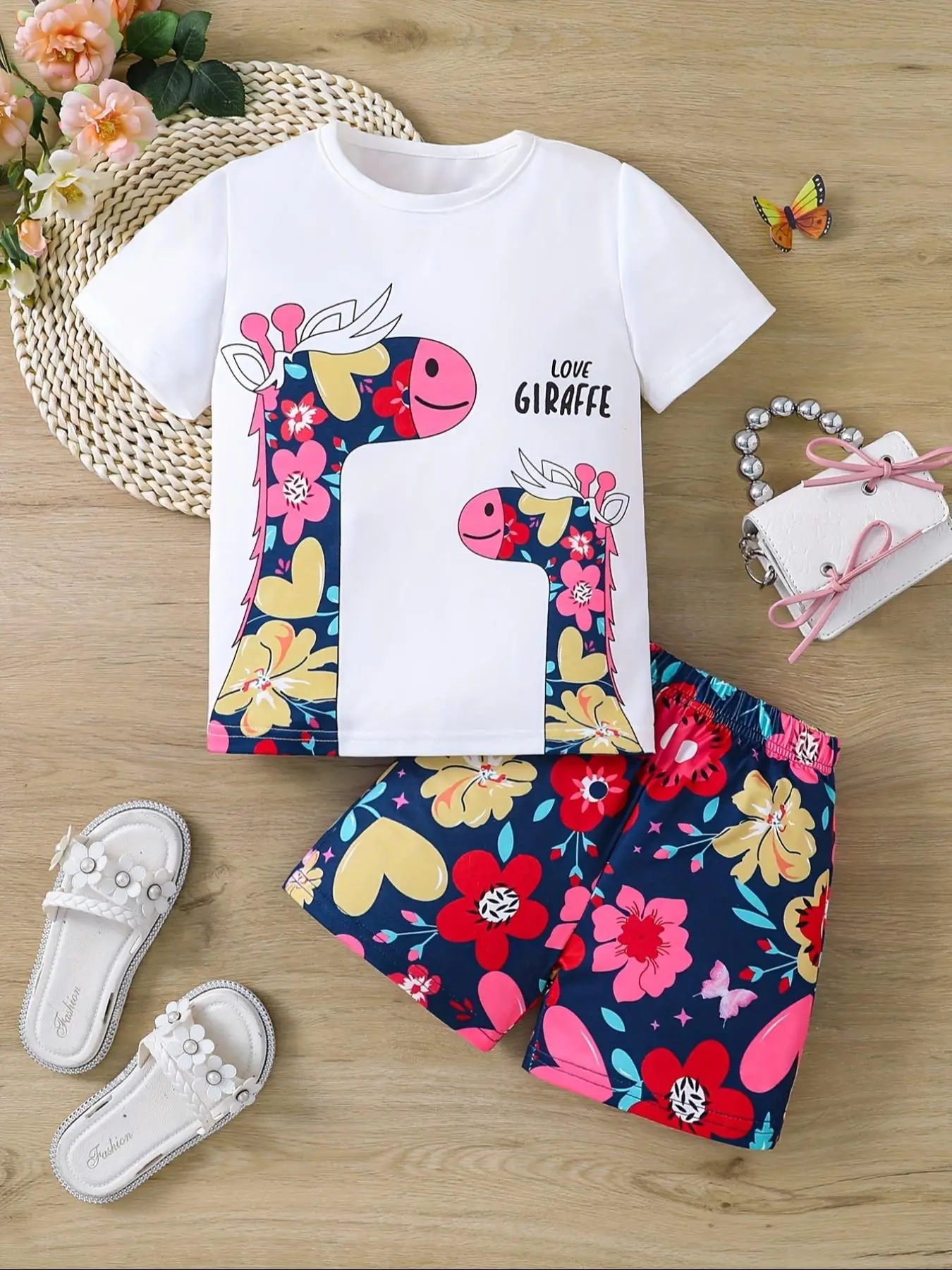 Two-piece Set Girl's Giraffe & Floral Print Tee & Shorts Set, Casual Round Neck Short Sleeve T-shirt & Shorts, Summer Clothes for Kids Outdoor Holiday