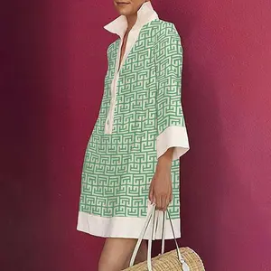 Summer Geometric Print Three-Quarter Sleeve Buttoned Lapel Mini Dress Casual Loose Fit Polyester Cotton BlendGift