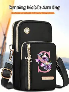 Purple floral letter zip phone wallet with card slots, Crossbody phone purse, casual shoulder bag, Nylon letter print mini handbag, Adjustable detachable strap, side pocket for valuables, ideal for daily use, travel and gifting