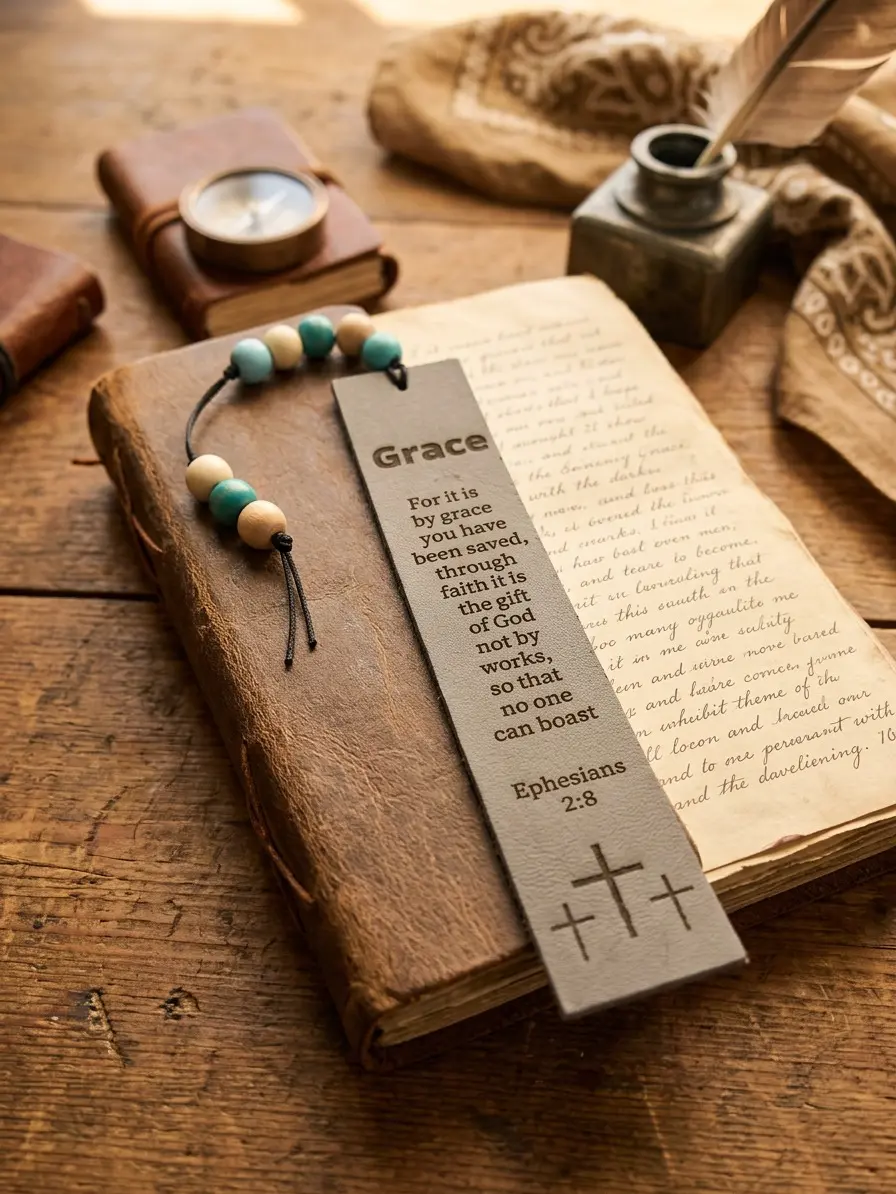 Engraved Leather Bookmark with "Grace + Ephesians" Text - Grey, 2x6in Reading Accessory for Bible/Journals, Office Stationery Supply, Reading Accessories