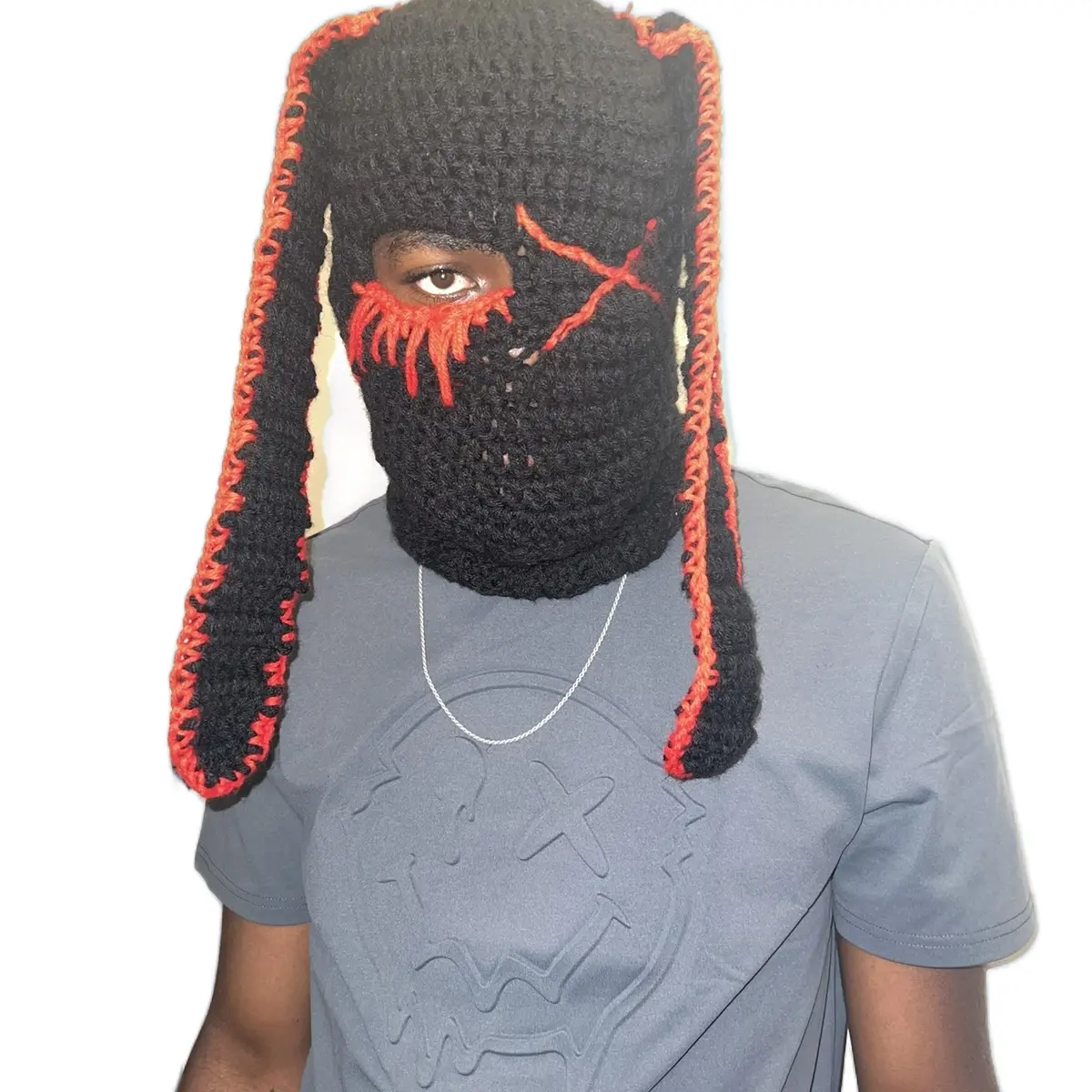 One Eyed Black Large Bunny Eared Crochet Balaclava with Red Trim Winter