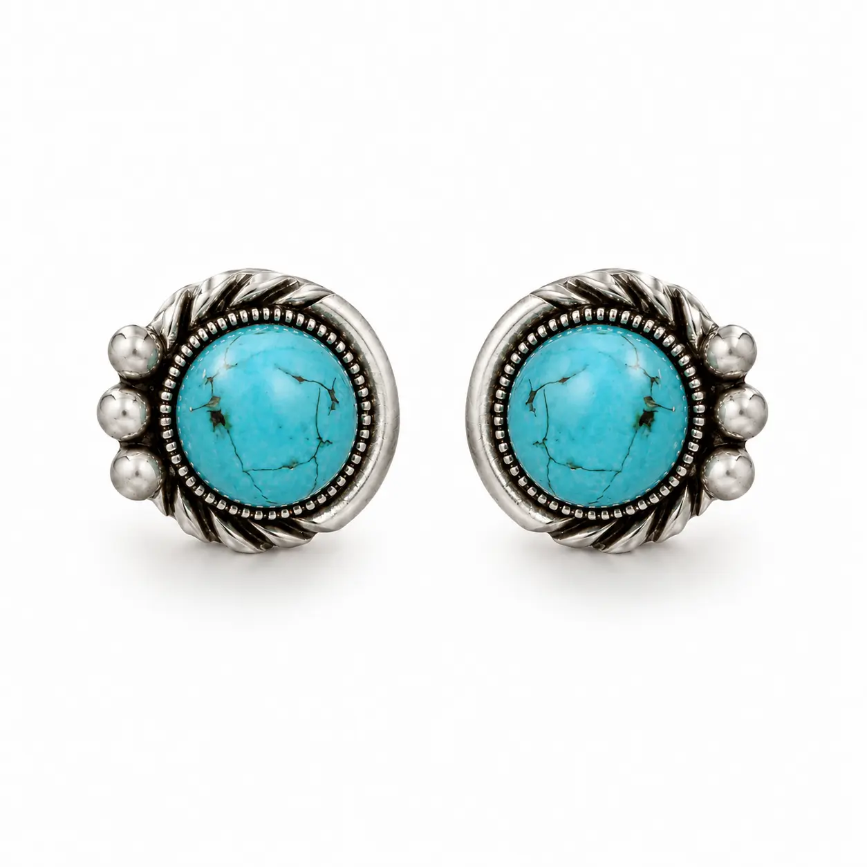 Round Turquoise Style Gemstone Stud Earrings, Silver Plated Alloy Earrings