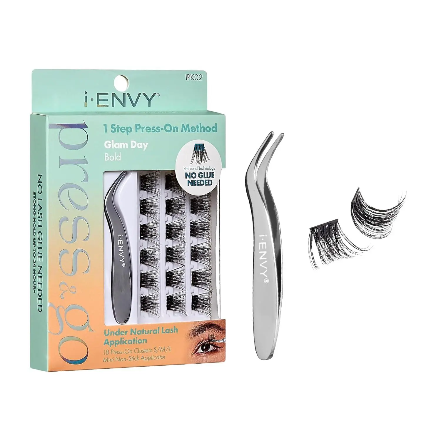 Press&Go Self Adhesive Eyelashes and Applicator Kit, Reusable False Eyelash Clusters, No Glue Needed, 1 Step Press-On Lashes, No Damage, No Sticky Residue, Strong Hold for 24 Hours (Bold) Makeup Cosmetic