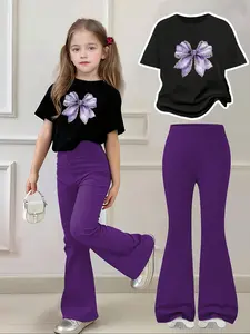 Girls' Bow Print 2-Piece Set, Casual Fitted Sportswear, Comfortable Elastic Waist Pants, Spring Fall Winter Daily Wear, Casual Fashion Set