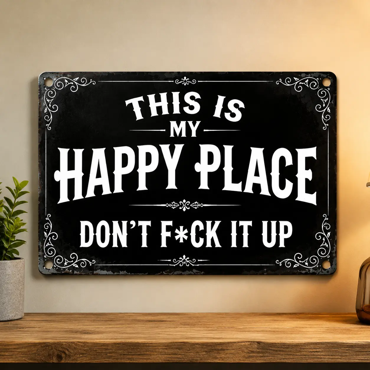 8x12 In Funny Industrial Metal Sign - "This Is My Happy Place Don't F*ck It Up" Humor Casual Room Accessories, Vintage Sarcastic Home Decor Plaque, Thoughtful Gift Idea for Home Bar Office
