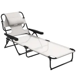 Outsunny Tanning Chaise Lounge Chair, 4-Position Beach Chair with Face & Arm Holes, Pillow headrest, Adjustable Sunbathing Chair, Cream White On-Site