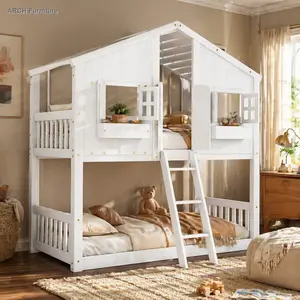ARCH Twin-over-Twin House Loft Bed Frame, Unique Kids Bed with Roof, Window, Window Box, Door, Safety Guardrails and Ladder, White Bedroom Furniture, Unique Bed