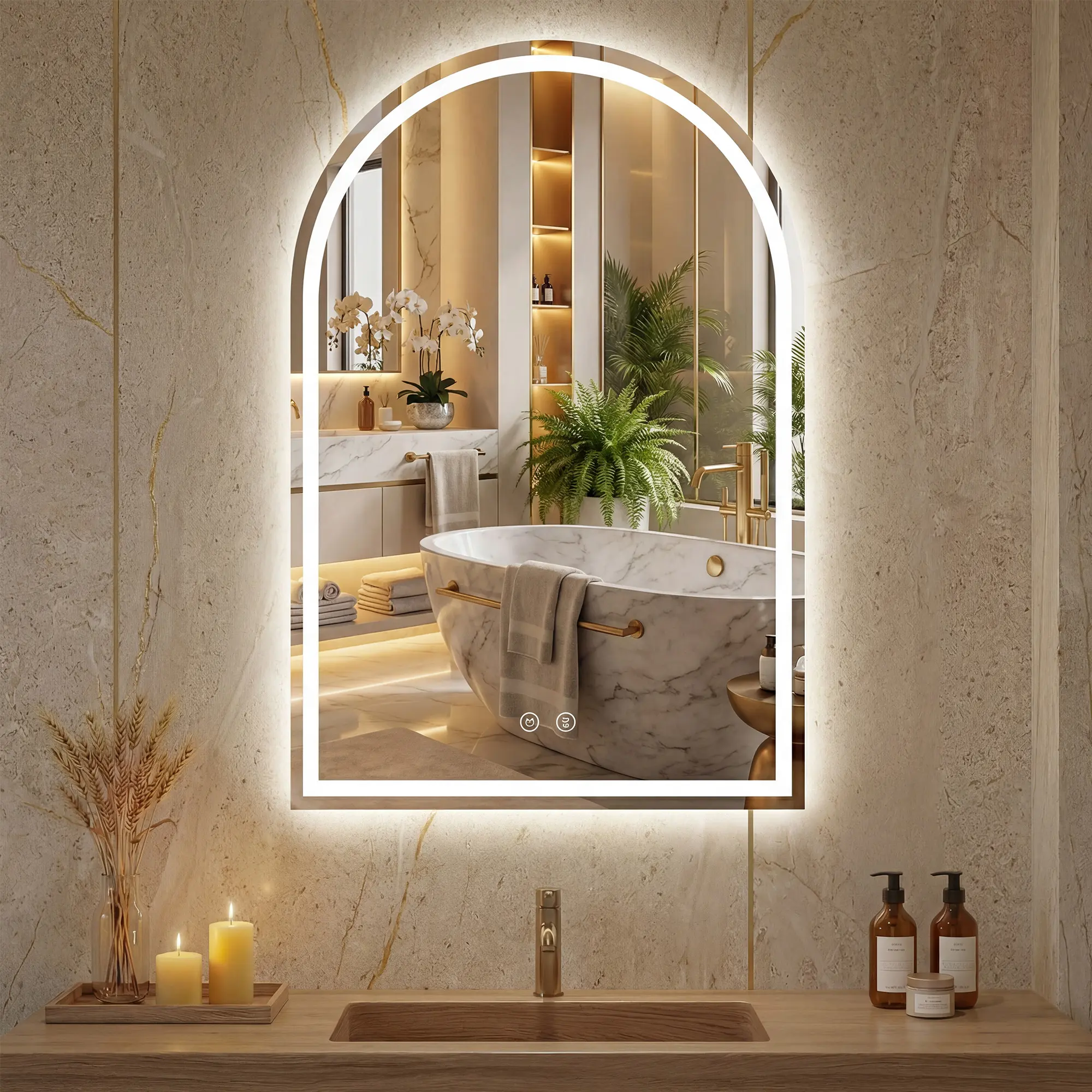 Sweetcrispy Modern Wall Mounted Arched LED Light Bathroom Vanity Mirror - Tempered Glass, Anti-Fog Bathroom Mirrors, Dimmable, 3-Color Light, Memory Function, Led Light Mirror
