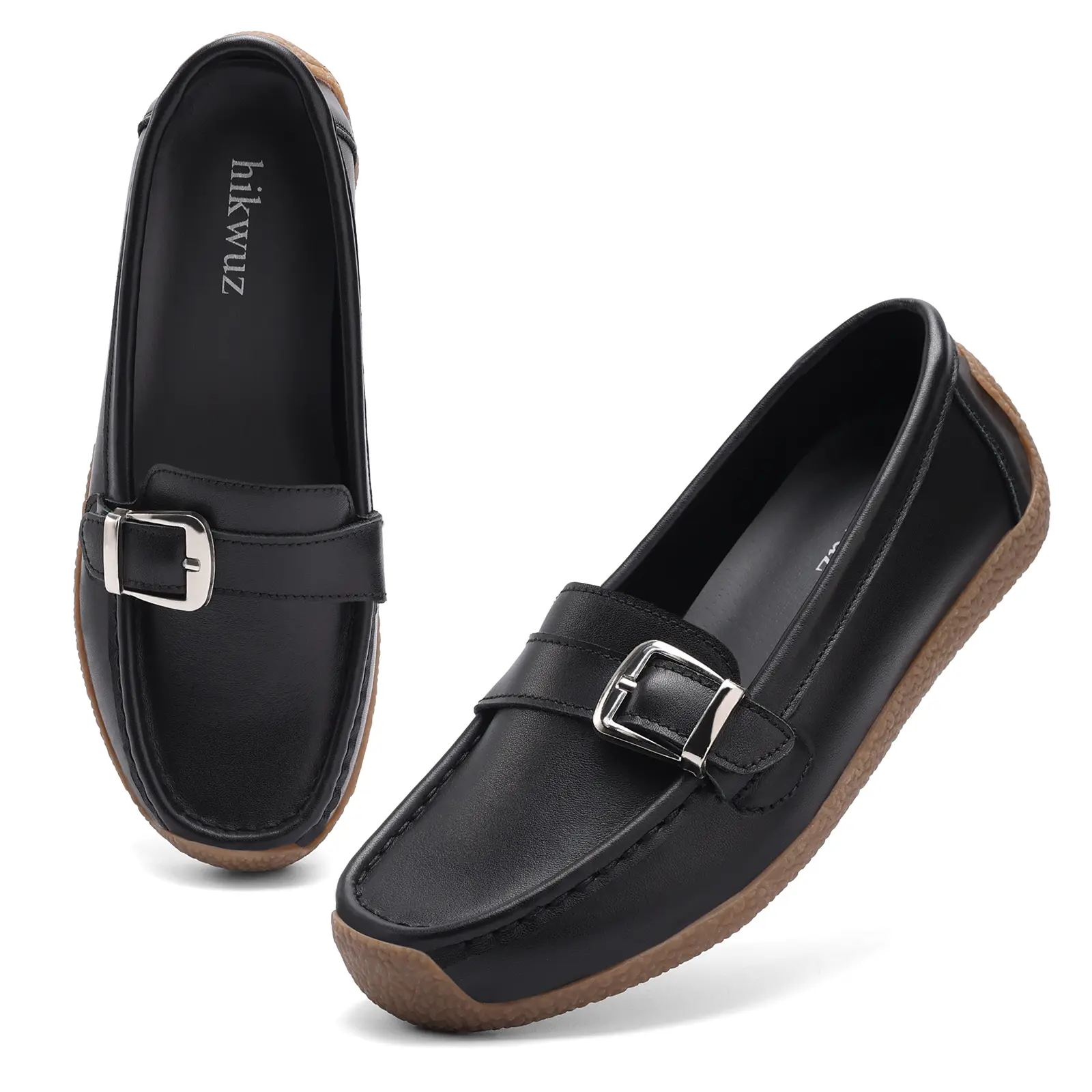 Black Buckle Loafers Women, Comfort Soft Leather Slip On Flats Non Slip Gum Sole Work Walking Shoes