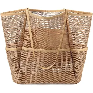 Mesh Beach Bag, Foldable Large Capacity Beach Bag with Zipper Pocket, Waterproof Sandproof Storage Bag, Travel Essentials, Net Bag for Beach, Travel, Camping, Picnic