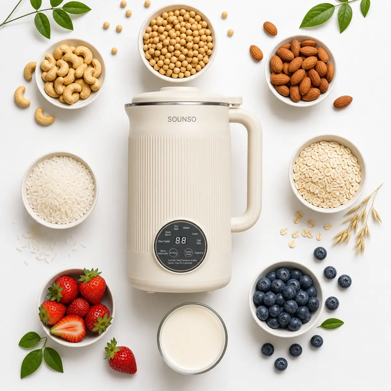 SOUNSO 8-in-1 Multifunctional Nut Milk Maker & Countertop Blender, 40oz Large Capacity, 304 Stainless Steel, Self-Cleaning, Programmable Touch Screen, Keep-Warm Heat, Safe Material for Family Kitchen Homemade Hot Drinks, Blendable