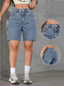 Women's Chic Trendy Denim Fitted Mid-Thigh Pants Spring Summer New Fashion Rhinestone Design Button Soft Comfortable Casual Women's Mid-Thigh Jeans Shorts