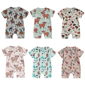 Country Baby Clothes Boy Girl Western Cow Guitar Print Short Sleeve Romper Bodysuit Ribbed Knit  Jumpsuit Summer Outfit