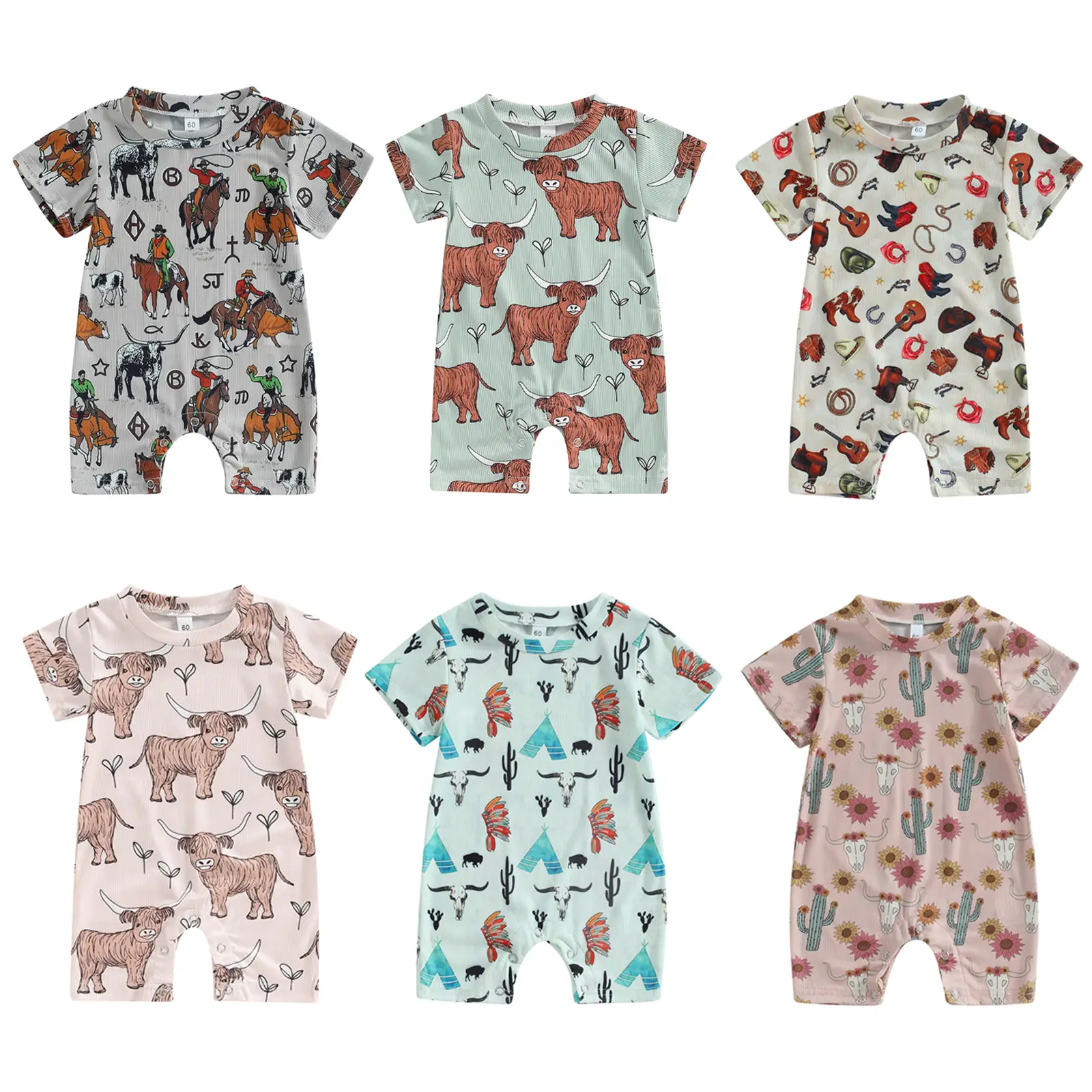 Country Baby Clothes Boy Girl Western Cow Guitar Print Short Sleeve Romper Bodysuit Ribbed Knit Jumpsuit Summer Outfit