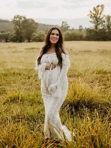 ELLIOTTWII Pregnancy Elegant Lace Off Shoulder Flare Sleeve Dress Pregnant Women Bodycon Gown Evening Dress For Baby Shower, Photoshoot, Party