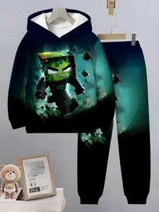 3D Pixel Zombie Set for Boys, Loose Hoodie Sweatshirts and Sports Pants Two-Piece Set, Sportswear Spring & Fall New Arrival, Casual Long Sleeve Sweatpants