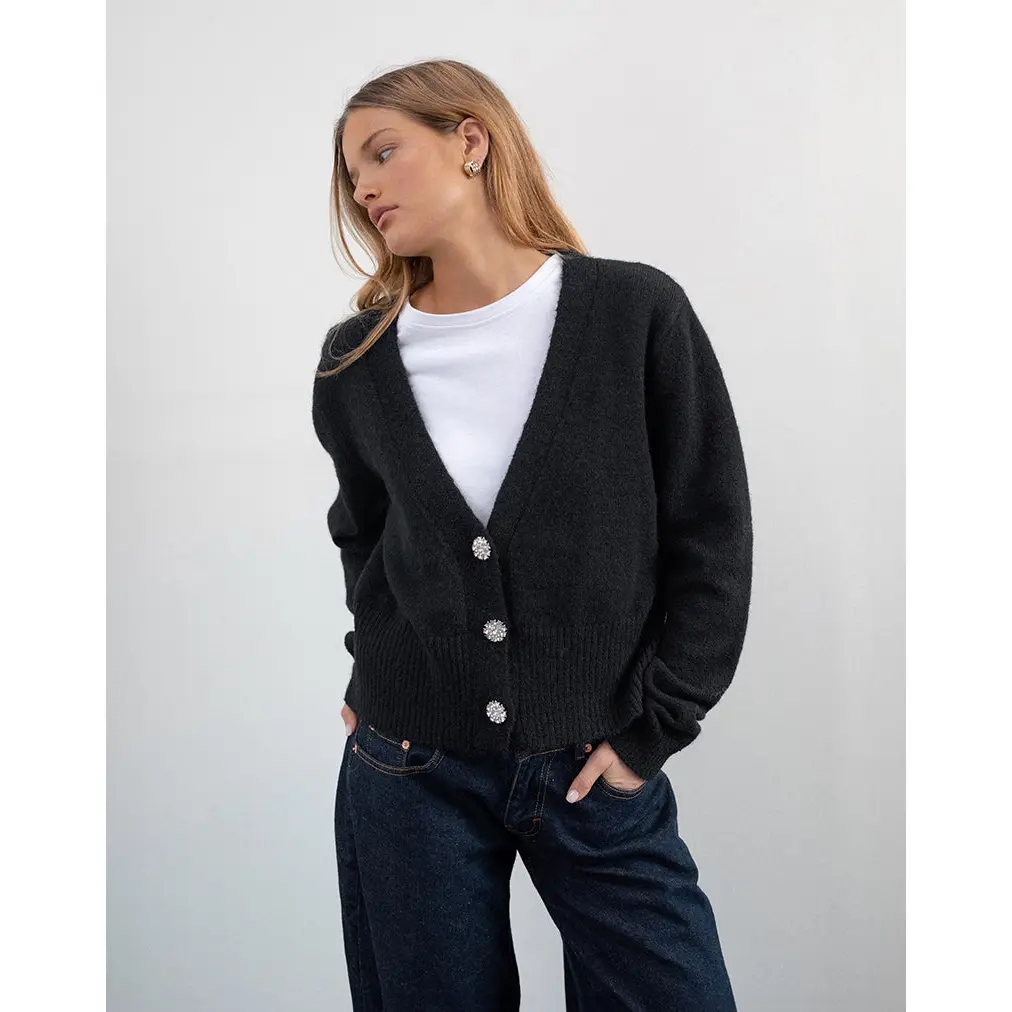 Acera Knitted Cardigan in Black with Silver Flower Buttons
