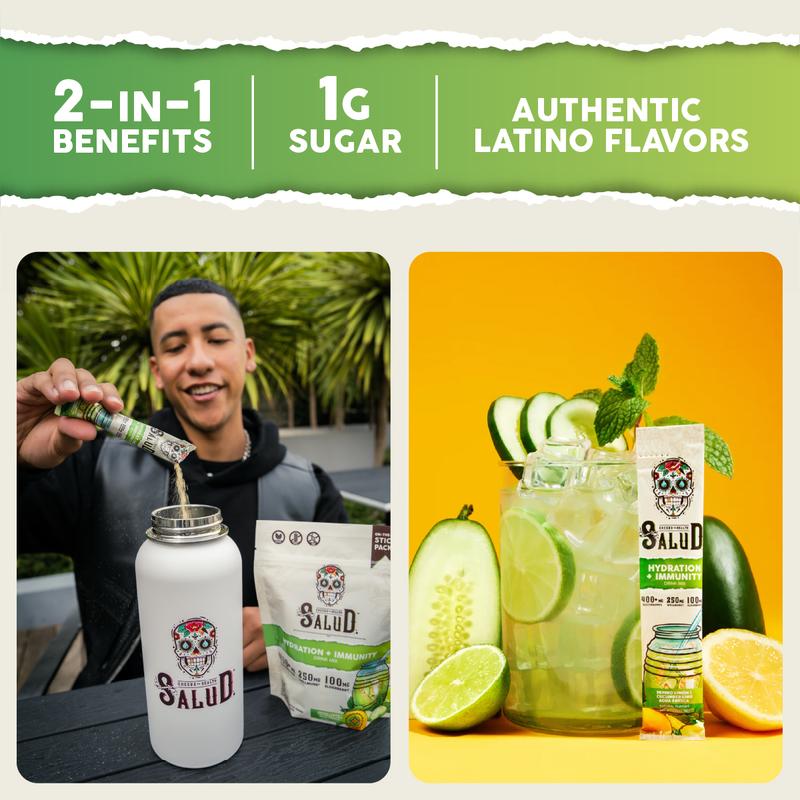 Salud 2-in-1 Hydration Packets + Immunity Electrolytes Powder, Cucumber Lime - Agua Fresca Drink Mix, Elderberry, Dairy & Soy Free, Non-GMO, Gluten Free, Vegan, Low Calorie, 1g Sugar (15 Servings)