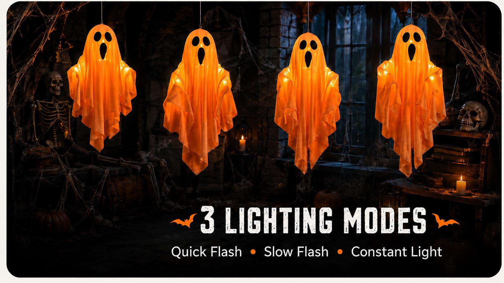 Lifnatty 1-Piece Orange Plain Fabric Battery-Operated LED Glowing Hanging Ghost - Halloween Holiday Novelty Lighting Decoration for Home Improvement Accent Piece