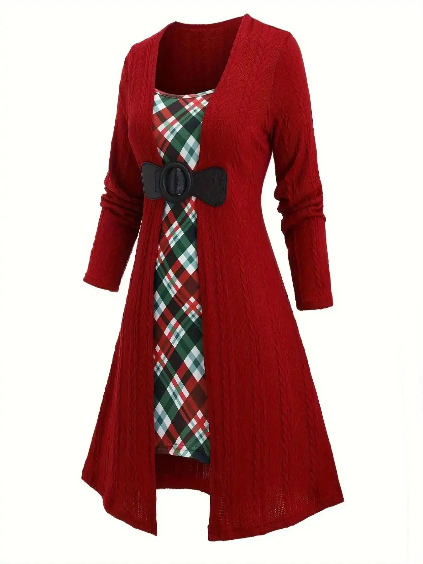 Plaid Checkered Patchwork Print Knit Textured Square Neck 2 IN 1 A Line Fit Dress Casual Long Sleeve for Fall and Winter Women's Clothes Daily Wear Aesthetic timeless piece, Flowy, Stylish