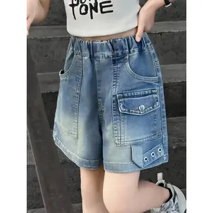 Girls' Jeans Shorts in Workwear Style, Mid to Big Kids' Gradient Washed Elastic Waist Hot Shorts, Sizes 120-170, Multi-Pocket Design for Cool Fashion, Lightweight And Soft Breathable Casual Pants for Kids, Perfect for School And Outdoor Activities