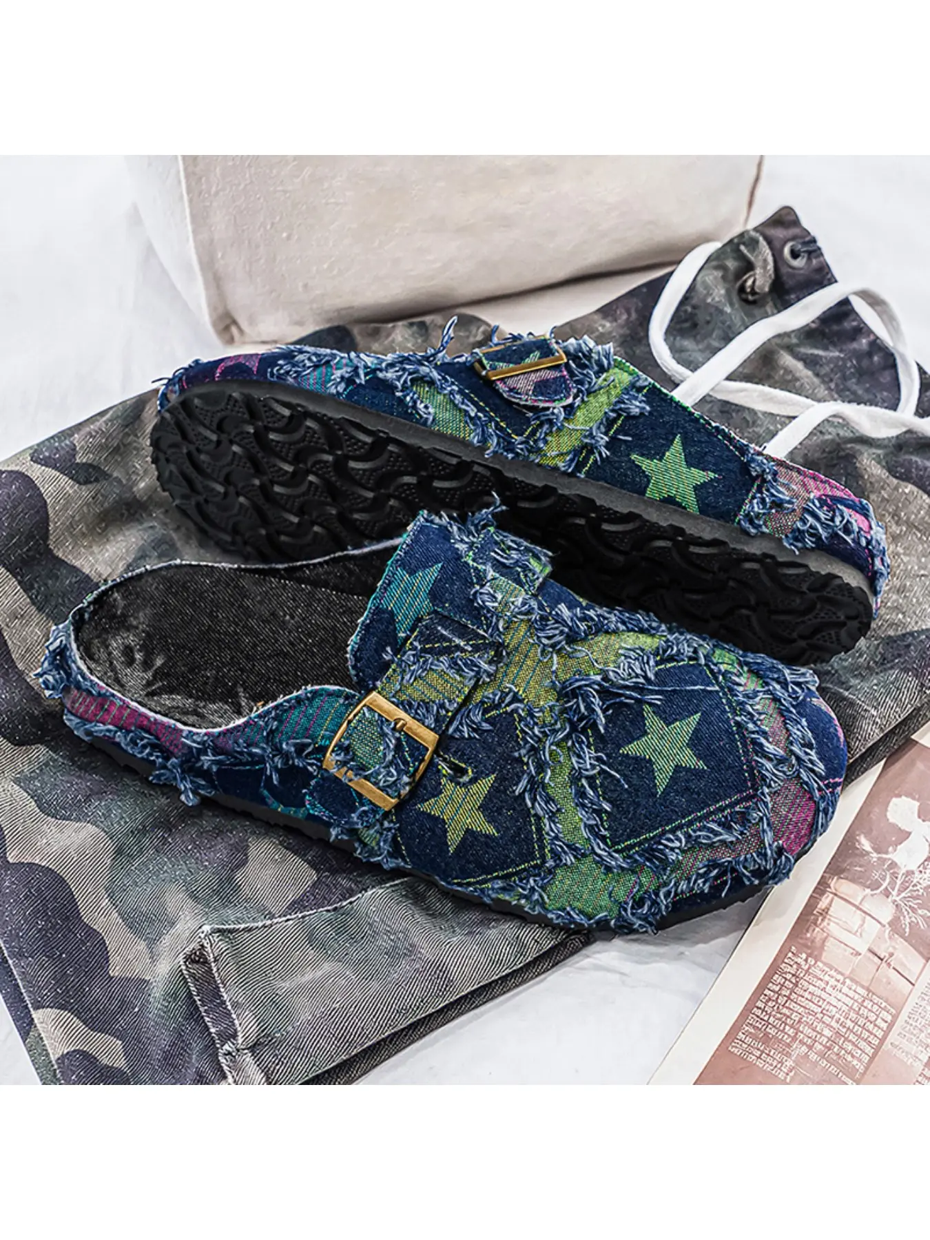 Summer breathable denim half slippers, star-print vintage shattered edging design worn outside men 's shoes, Affordable slippers