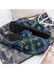 Summer breathable denim half slippers, star-print vintage shattered edging design worn outside men 's shoes