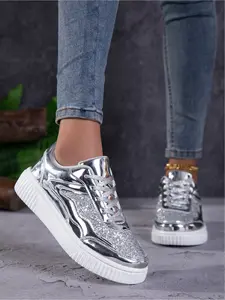 Women's Sparkly Rainbow Platform Sneakers! Shiny Metallic Skate Trainer Shoes, Comfy Wedge Casual Shoes for Outdoor & Daily Outfits Walking Shoes