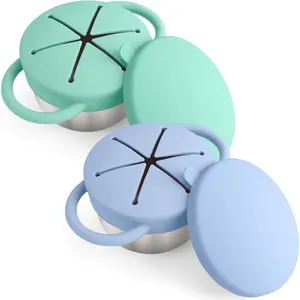 2-Pack Stainless Steel Snack Containers for Kids with Spill-Proof Silicone Lids & Handles - 3-in-1 Baby Snack Cups, No-Spill Toddler Snack Box, Perfect for On-the-Go Healthy Eating