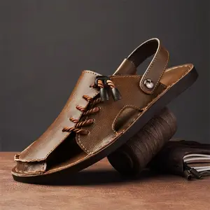 Men's Summer Leather 2 in 1 Sandals, Hand-Stitched Retro Roman Slipper Beach Shoes for Men, Big Size Wide Feet Comfortable Casual Footwear